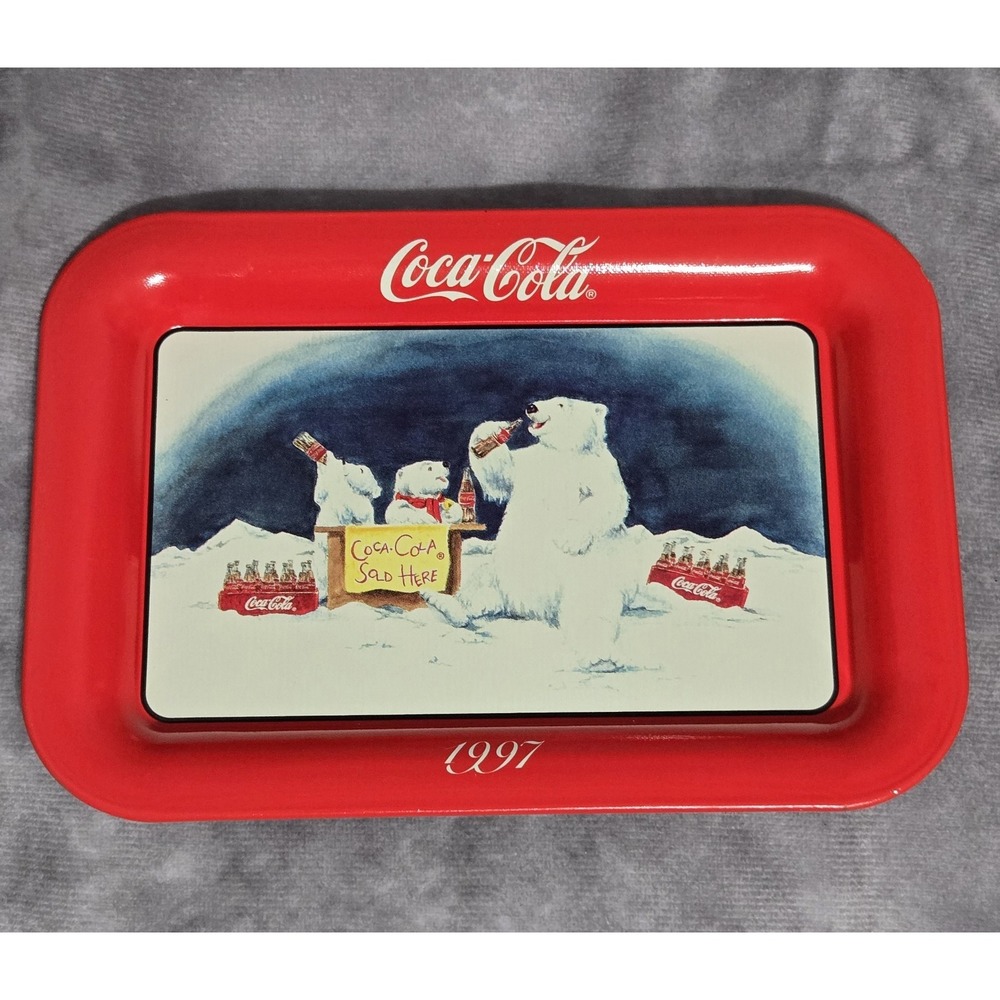 Coca Cola Metal Tin Tip Coin Tray Polar Bears 1997‎ 6.75"x4.75"